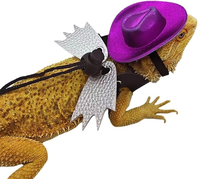 Adjustable Bearded Dragon Leash Harness with Hat Set,3 Size Pack Leather Wings Safty Walking Leash for Bearded Dragon Lizard Reptiles (Purple Hat and Black Harness Set)