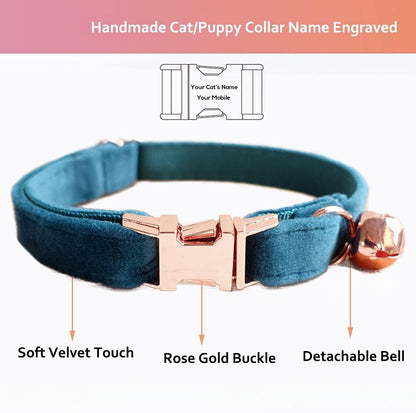 Cat Collar Personalized with Name Engraved and Bell, Customized Velvet Collars for Puppy Kittens (Green, S)