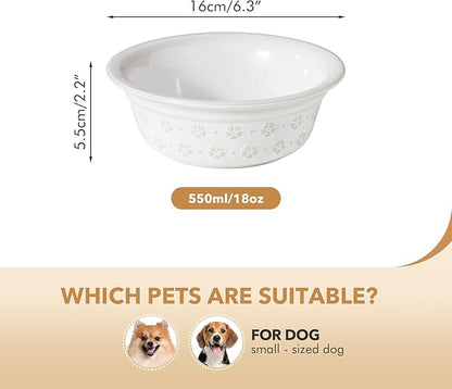 6.3inch Ceramic Set of 2 Dog Bowls, Food and Water Bowls for Small and Medium Dog, 2pcs Basic Dog Bowl, Wide Opening Rounded Edge (2 Bowls, Reactived Glaze -White)