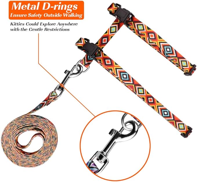 Cat Harness and Leash Set Geometric Pattern Escape Proof Adjustable for Kitty Outdoor Walking(Orange)