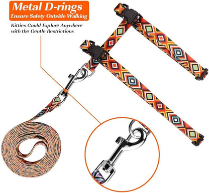 Cat Harness and Leash Set Geometric Pattern Escape Proof Adjustable for Kitty Outdoor Walking(Orange)