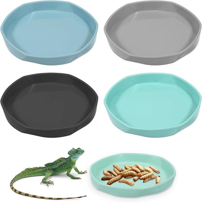 4 Pack Reptile Bowl, Round Plastic Reptile Dish,Food Dishes Lizard Tank,Lizard Water Bowl for Gecko, Bearded Dragon, Chameleon, 4.45" W x 4.45" D x 0.6" H, Muticolors