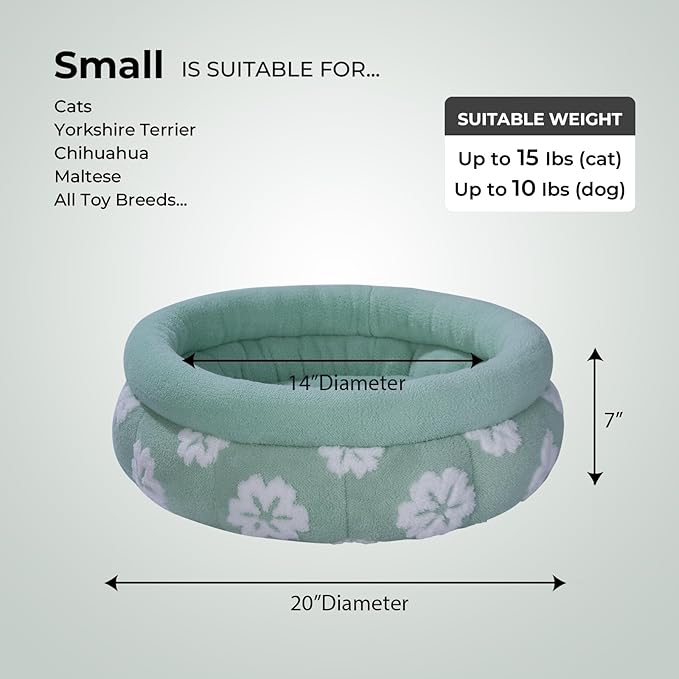 BALANCE Cat Beds for Indoor Cats, Washable Round Cat Bed, Cute 3D Flower Kitten Bed with Anti-Slip Bottom for Puppy and Kitten, 20 Inches, Green