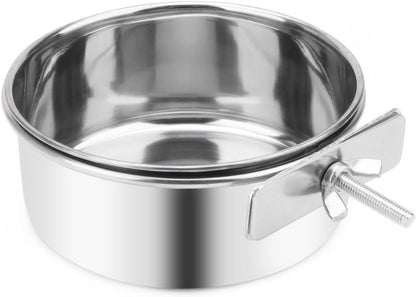 Pet Food Water Bowl with Clamp Holder Stainless Steel Coop Cup Hanging Feeder for Dog Bird Parrot Cat Rabbit (M)