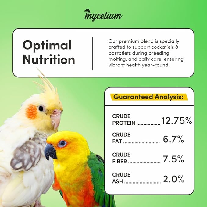 Mycelium Cockatiel & Parrotlet Plus Bird Seed (5 LB Bag) | Organic Pet Bird Food w/Fruits, Veggies & Pellets | Vitamin-Enriched Complete Daily Blend | Non-GMO, No Fillers, Made in USA
