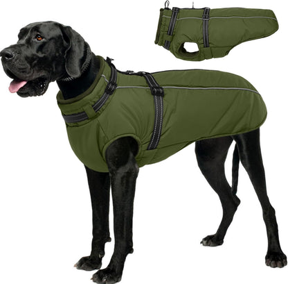 Lelepet Dog Coat for Large Dogs Waterproof Dog Jacket with Harness Built in Reflective Fleece Jacket with Zip Cold Weather Coats for Dogs Cozy Thermal Pet Snowsuit, Weimaraner, Army Green, XXL
