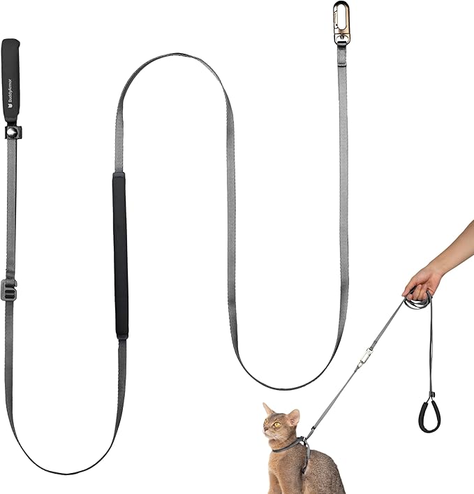 Ultra Lightweight Cat Leash Adjustable with Padded Handle, Soft Thin Nylon Cat Walking Training Waist Crossbody Leash for Kitten>4lbs Small Medium Large Cats, Puppy, No Harness (Space Gray)