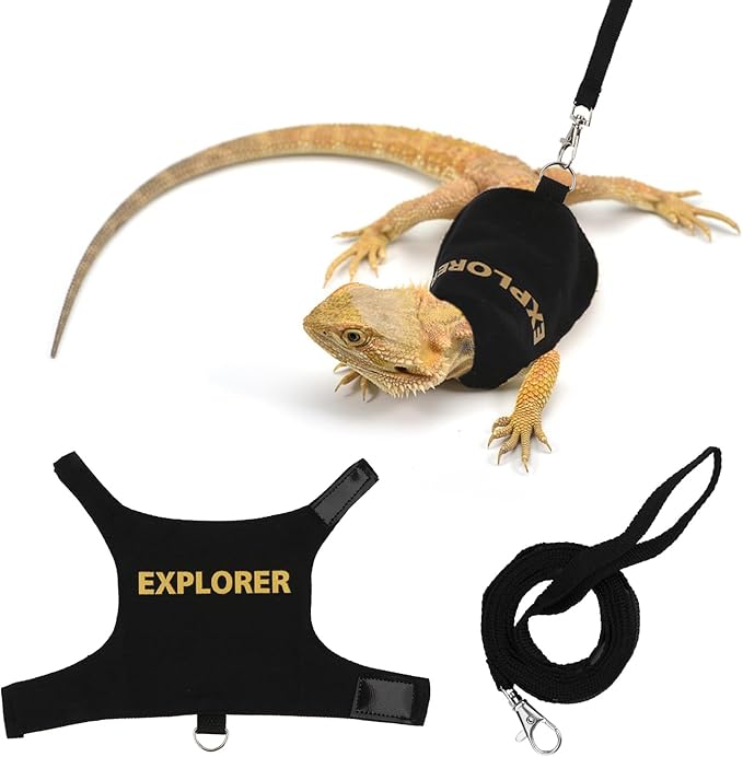 Hypeety Bearded Dragon Harness and Leash Set Adjustable Escape Proof Leash Outdoor Walking Training Leash and Harness for Bearded Dragon Lizard Reptiles Small Pets Black (Explorer)