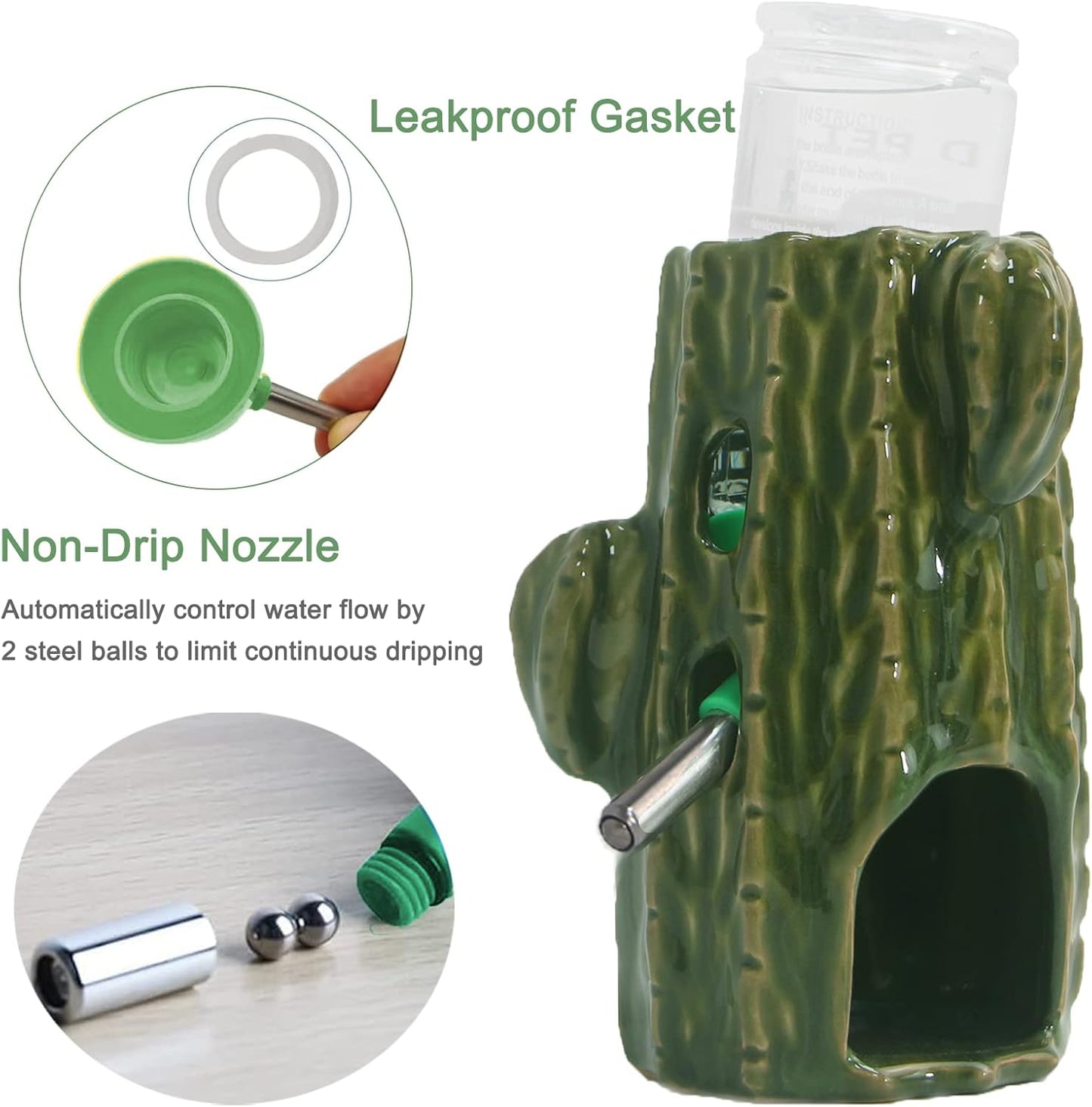 2-in-1 Adjustable Hamster Water Bottle for Glass Tank - 80ML, No Drip Ceramic Holder for Dwarf Hamster, Mice, Rat (Dark Green)