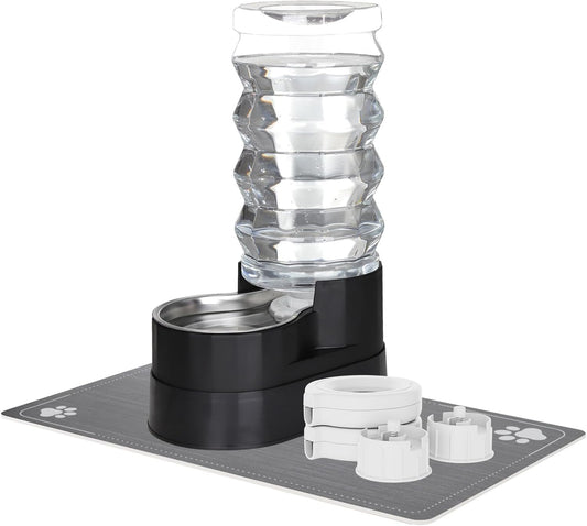 RIZZARI Upgraded Automatic Dog Water Dispenser: 9L Black Gravity Large Stainless Steel Raised Pet Feeder with Filter - Includes 2 Extra Filters & 2 Bottle Caps - Pet Feeder for Dogs Indoor Outdoor