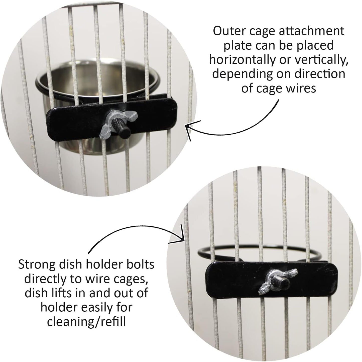 Stainless Steel Cup w/Holder - Durable Metal Mountable Food & Water Dish - Sugar Gliders, Hedgehogs, Chinchillas, Rats, Ferrets, Guinea Pigs, Rabbits, Squirrels, Birds (10 oz., Silver)