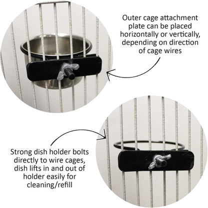 Stainless Steel Cup w/Holder - Durable Metal Mountable Food & Water Dish - Sugar Gliders, Hedgehogs, Chinchillas, Rats, Ferrets, Guinea Pigs, Rabbits, Squirrels, Birds (5 oz., Silver)