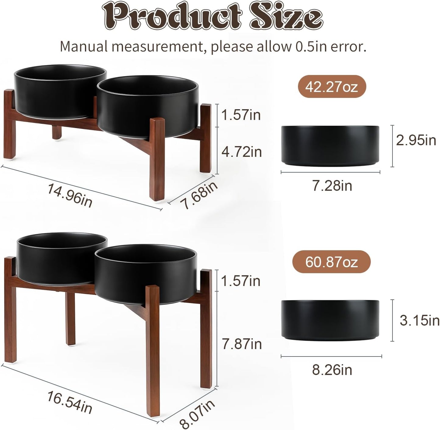 SPUNKYJUNKY Raised Ceramic Dog Bowls Set with Non-Slip Acacia Wood Stand for Medium Sized Dog(42.27 OZ, Black)