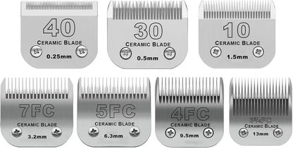Size 40/30/10/7FC/5FC/4FC/3FC Detachable Pet Dog Grooming Clipper Ceramic Blades Set,Compatible with Andis,Oster A5,Wahl KM10 Series Clippers,Cut Length 1/100"(0.25mm) to 1/2"(13mm),7 Pack
