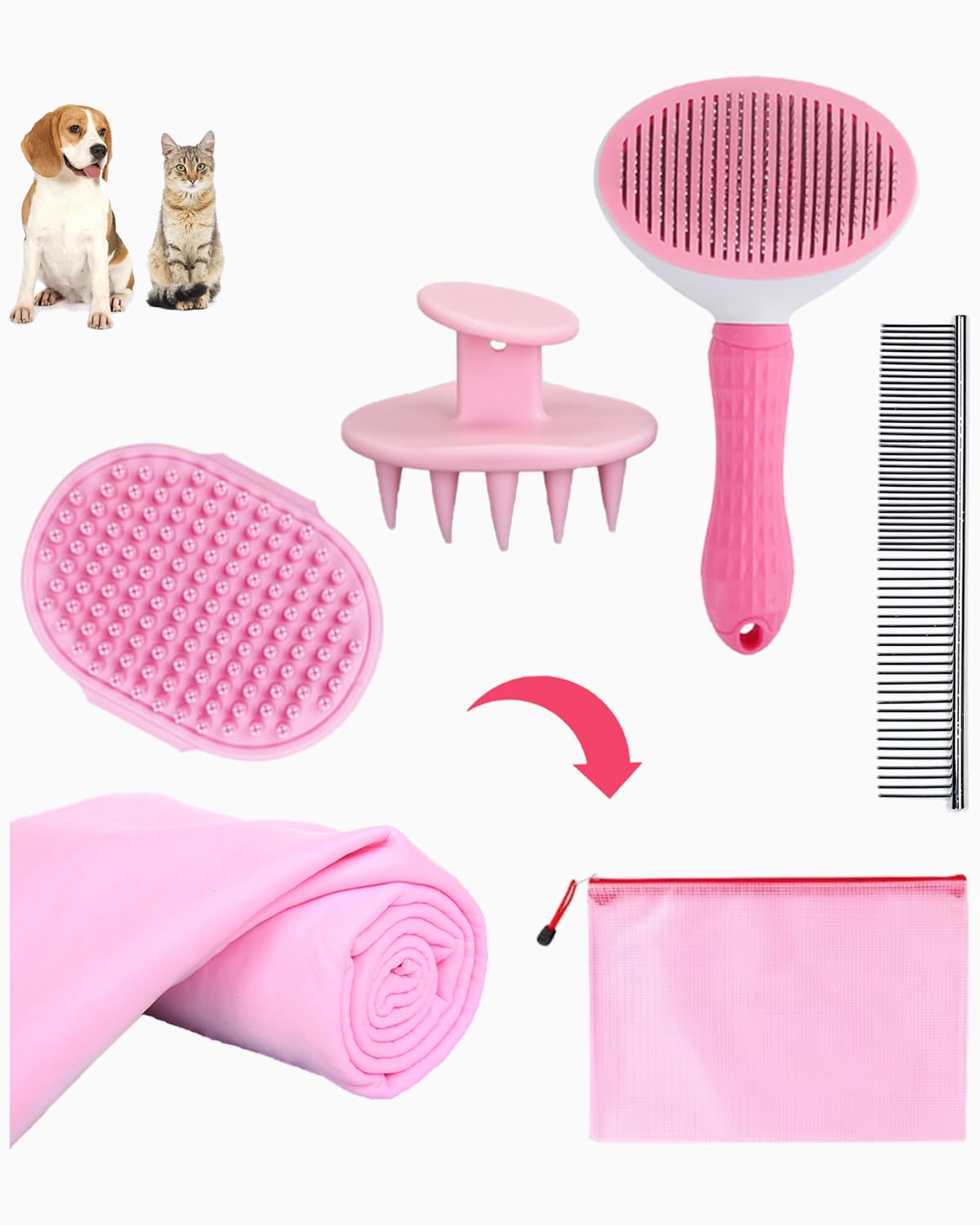 Dog Bath Brush Washing Kit - 5pcs Dog Grooming Washing Brush & Drying, Adjustable Handle Scrubber Massager Bathing Brush for Long & Short Haired Dogs, Scalp Scrubber Hair Bath Brush Set Pink
