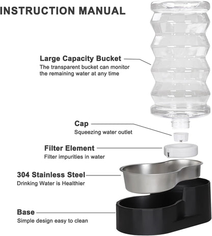 RIZZARI Dog Water Dispenser Bowl: 8L Large Black Stainless Steel Automatic Pet Dispenser with Replaceable Filter - Anti-Splash Design for Busy Owners