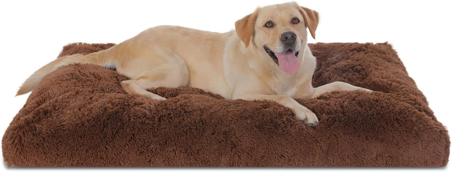 Bedfolks Waterproof Crate Pad, Plush Faux Fur Kennel Bed for Extra Large Dogs, Removable Cover, Fluffy Washable 41"x27", Solid Brown