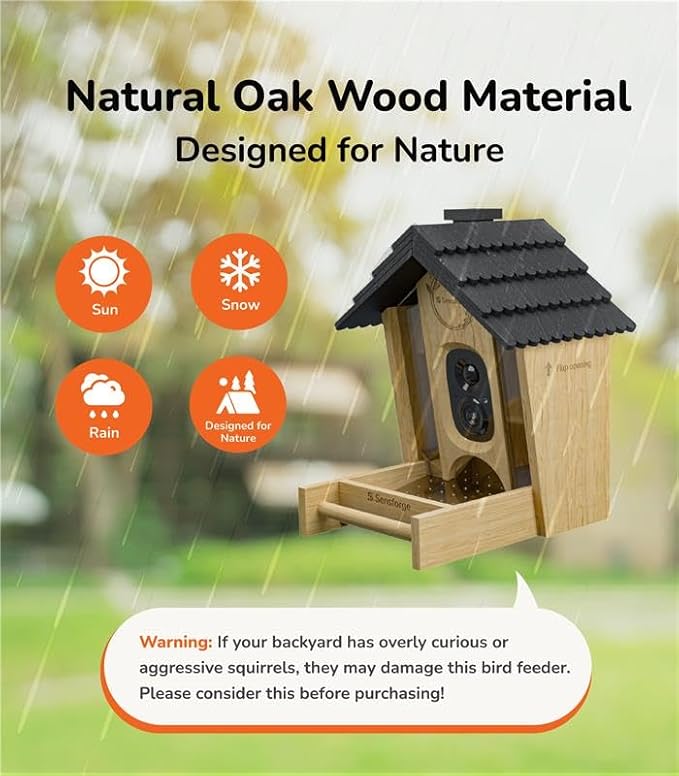 Sensforge Smart Bird Feeder with Camera - Wooden, Solar-Powered Outdoor Feeder with 2.5K HD Live View, Advanced AI Feature (6 Months Free), Weatherproof, App Alerts – Best Gift for Bird Lovers/Kids