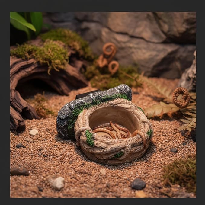 Magnetic Reptile Feeding Ledge, Gecko Feeder Ledge with One Piece Cup, Hollow Vine Food Dish, Reptile Water Bowl for Bearded Dragon Lizard Snake