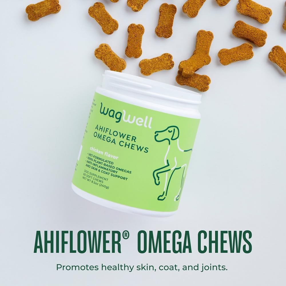 WagWell Ahiflower Omega Oil Dog Chews - Vet-Formulated Skin, Coat, Hip and Joint - Plant-Based Omega 3, 6 and 9 Supplement - Natural Chicken-Flavored Dog Omega Oil Bites, 60 Soft Chews