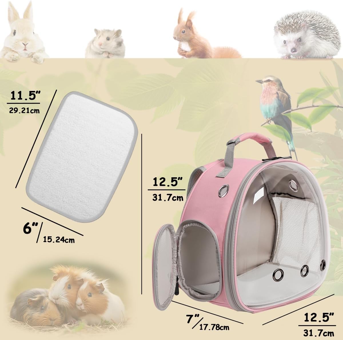 halinfer Small Bird Travel Backpack Carrier Cage with Cups, Backpack to Transport Backpack Carrier with Clamp Cups Stand Perch for Parakeet Cockatiel Budgies Vet Carry Book Bag Pink