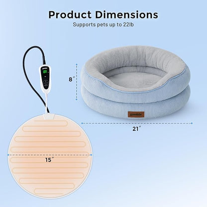 Heated Cat Bed Indoor - Adiustable Temperature Pet Heating Bed with Timer and Chew Resistant Cord, Washable Puppy Bed with Non-Slip Bottom, 21" x 21" x 8", Blue