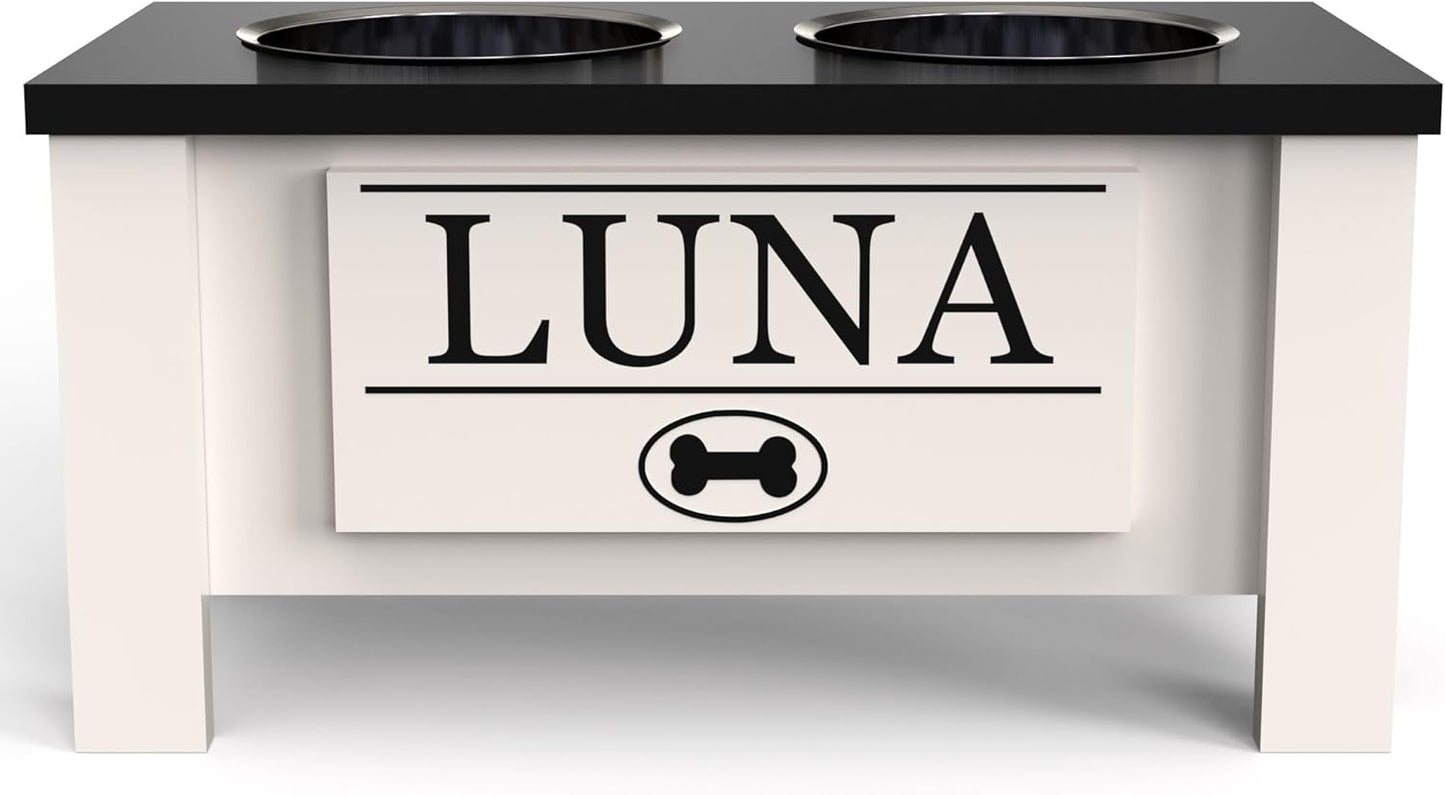 GrooveThis Woodshop - Personalized Elevated Dog Bowl Stand for Large, Medium, Small, X-Small Dogs - Stainless Steel Food and Water Bowls - Raised Dog Dish with Internal Storage (Medium, Black)