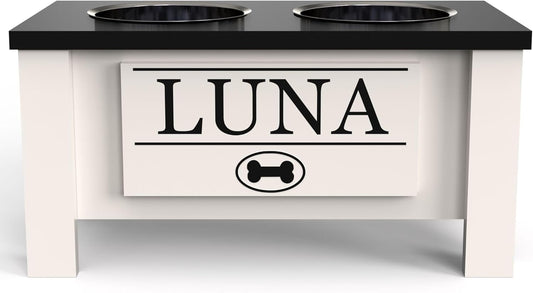 GrooveThis Woodshop - Personalized Elevated Dog Bowl Stand for Large, Medium, Small, X-Small Dogs - Stainless Steel Food and Water Bowls - Raised Dog Dish with Internal Storage (Medium, Black)