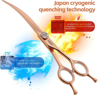 Rose Gold Titanium Curved Dog Grooming Scissors Reverse 7.5'' Downward 30° with Jewelled Screw Japan 440C Professional Pet Grooming Trimming Shears for Dogs Suzhi Teddy(7.5,Curved)