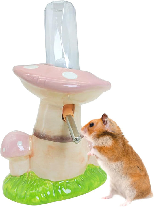 PINVNBY Mushroom Ceramic Hamster Water Bottle 80ML Automatic Gerbil Water Bottle Non Drip with Stand Vertical Hamster Water Dispenser for Guinea Pigs Gerbils Rats Rabbits and Mice (Pink)