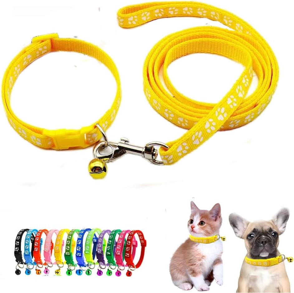 Yellow Small Dog Collar with Bell Leash Set, Nylon Basic Reflective Puppy Collars Paw Print for Boy Girls XXS Xs S Cat Pet Animal Litter Tiny Kitten
