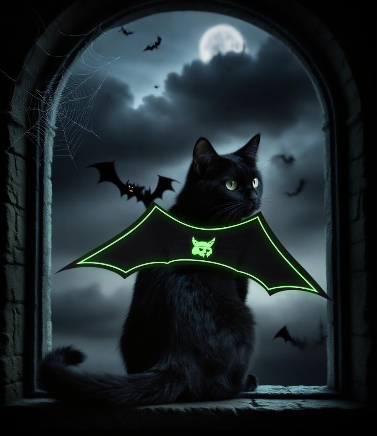 Glow in The Dark Bat Wings Pet Costume, Cat Bat Wings for Halloween Party Decoration, Light Up Pet Collar Leads Cosplay Bat Costume, Cute Puppy Cat Dog Dress Up Accessories ﻿