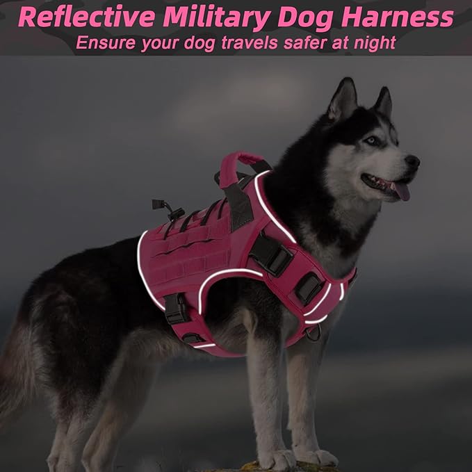 WINGOIN Pink Tactical Dog Harness for Large Dogs, Heavy Duty No Pull Dog Harness with Handle, Adjustable Reflective Military K9 German Shepherd Big Size Dog Vest for Walking, Training, Hunting (L)
