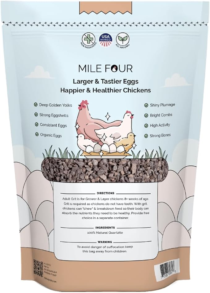 Mile Four Chicken Grit for Layer & Grower Chickens Age 8-20+ Weeks - 100% Natural Mineral Chicken Grit Quartzite, Poultry Grit, USA Mined, 4 lbs