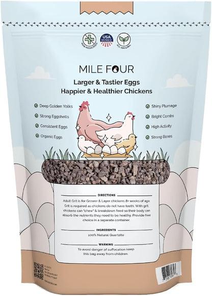 Mile Four Chicken Grit for Layer & Grower Chickens Age 8-20+ Weeks - 100% Natural Mineral Chicken Grit Quartzite, Poultry Grit, USA Mined, 4 lbs