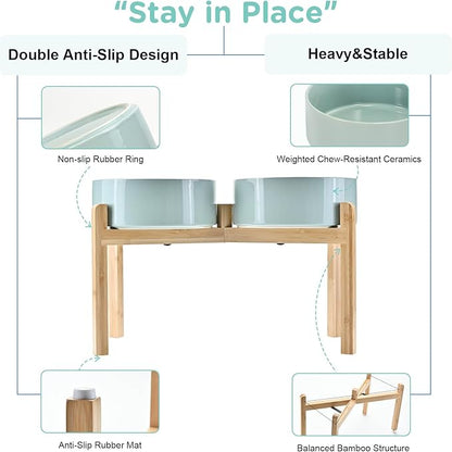 SPUNKYJUNKY Elevated Dog Bowls Ceramic, 8.3'' Dogs Food Water Bowls Raised with Non-Slip Bamboo Stand for Large Sized Breed Microwave Dishwasher Safe - 60 OZ,Light Green