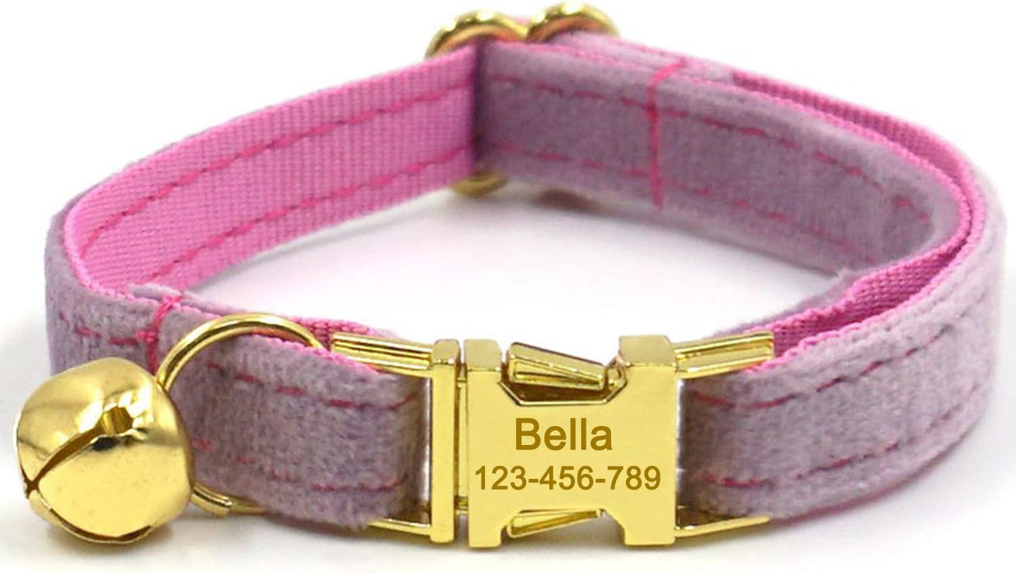 Personalized Cat Collar with Bells,Velvet Customized Small Cat Collar with Name Tag,Pet Collar with Name Phone Number Engraved ID Tags for Boy and Girl Kitten Cats (Lilac Purple)