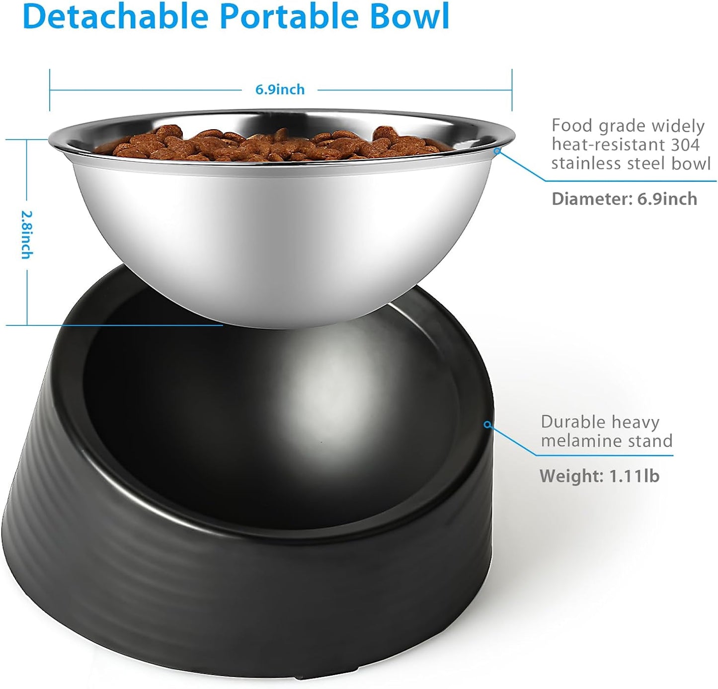 Tilted Angle Dog Bowl, 15° Slanted Stainless Steel Dog Cat Food Bowl, Non-Slip & Non-Spill Pet Feeder with Elevated Detachable Melamine Stand, Easy to Get Food Dish, Large 2 Cup Black
