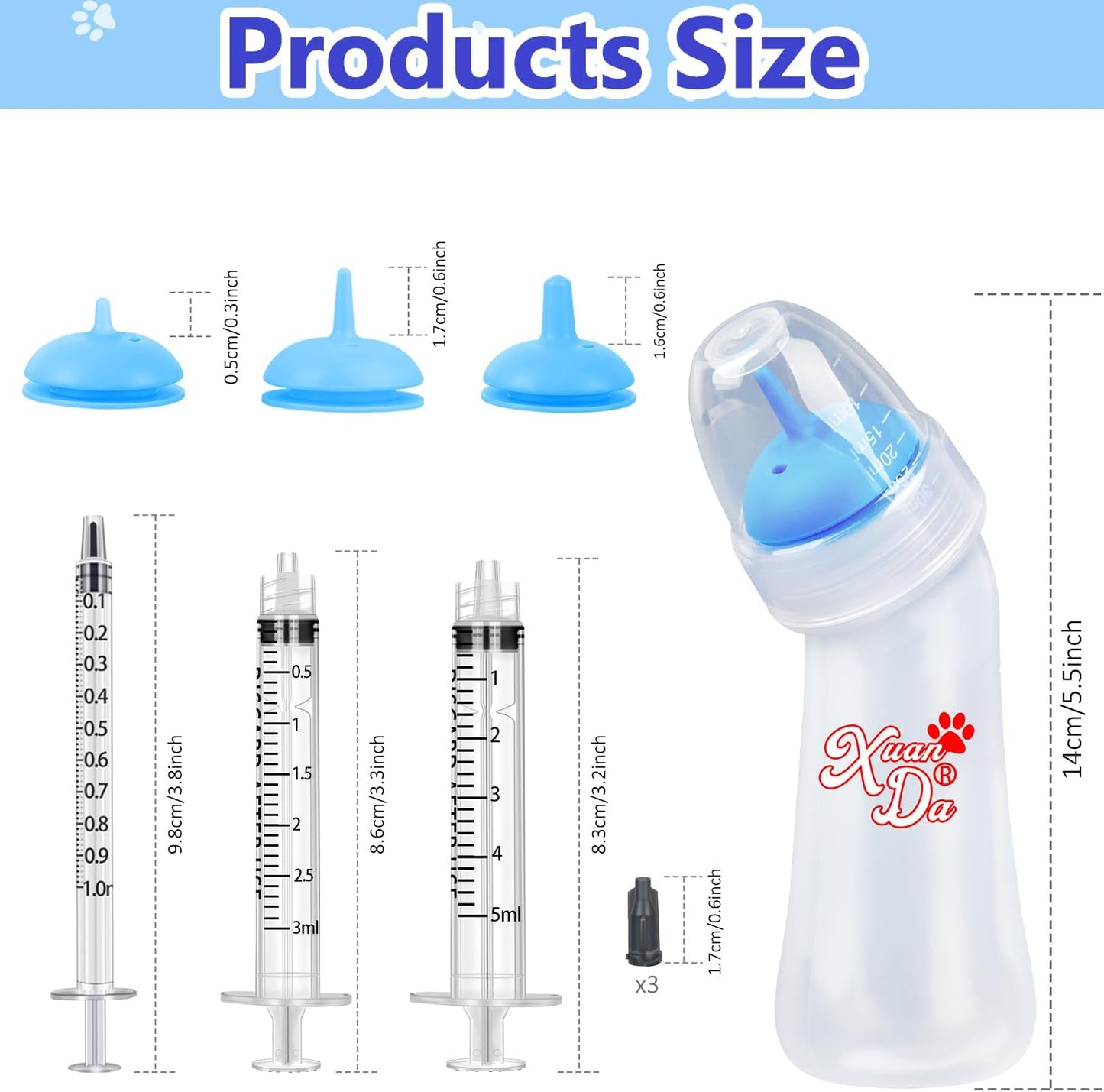 Pet Feeding Bottle and Syringes, 3 Sizes Nipples with Ventilation Valve Resistant Tearing Perfect for Puppies, Kittens, Small Wildlife (Blue)