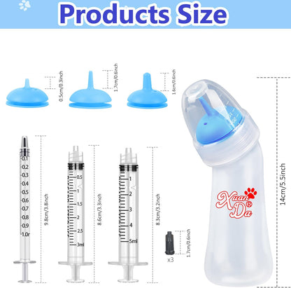 Pet Feeding Bottle and Syringes, 3 Sizes Nipples with Ventilation Valve Resistant Tearing Perfect for Puppies, Kittens, Small Wildlife (Blue)