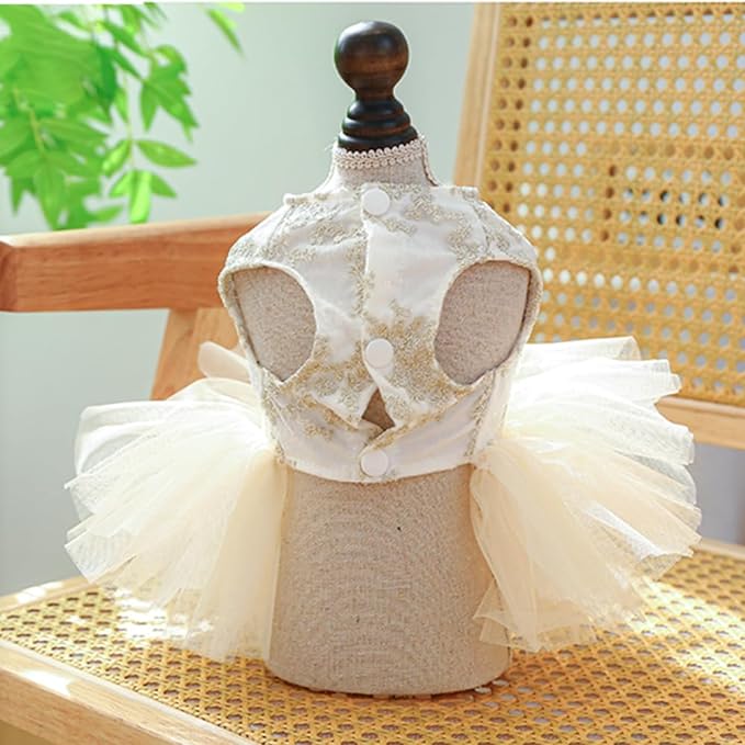 ANIAC Embroidered Dog Dress for Small Dog,Girl Puppy Princess Tutu Dress with Leash Ring,Cat Apparel,Chihuahua Yorkie Clothes for Birthday Wedding (Medium, Champagne)