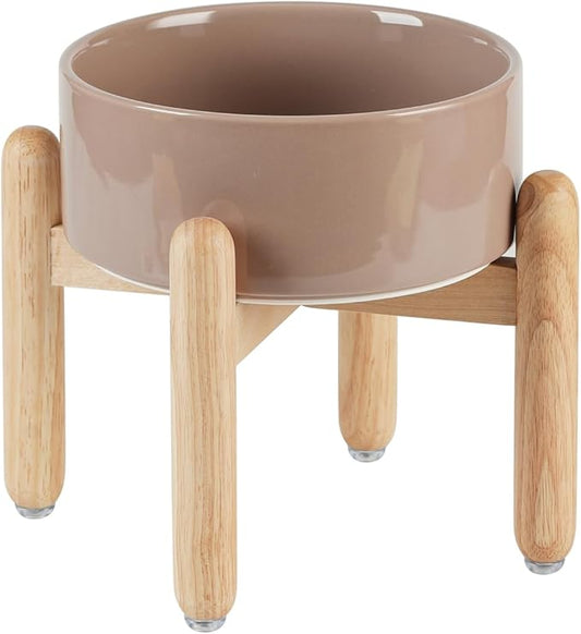 Ceramic 7.3inch Raised Dog Bowl Set, Elevated with Wooden Stand, Food and Water Bowl for Medium Breed Dogs, Weighted Dog Dishes, Pet Feeder(Brown Coffee)