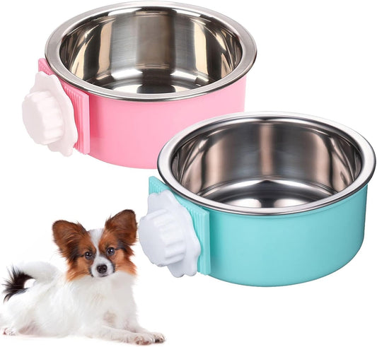 kathson Crate Dog Bowl, Removable Stainless Steel Hanging Pet Cage Bowl Food & Water Feeder Coop Cup for Cat, Puppy, Birds, Rats, Guinea Pigs (2 PCS, Size: M, Blue and Pink)