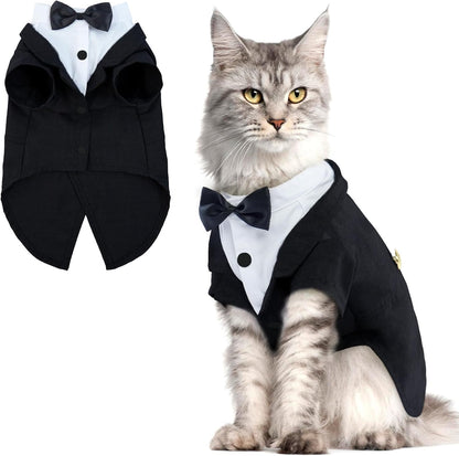 QBLEEV Cat Tuxedo Suit, Cat Halloween Costumes for Cats Only, Sphynx Cat Tuxedo Outfit Costume with Bow Tie, Kitten Formal Attire Wedding Birthday Onesie Clothes for Male Girl Hairless Cats
