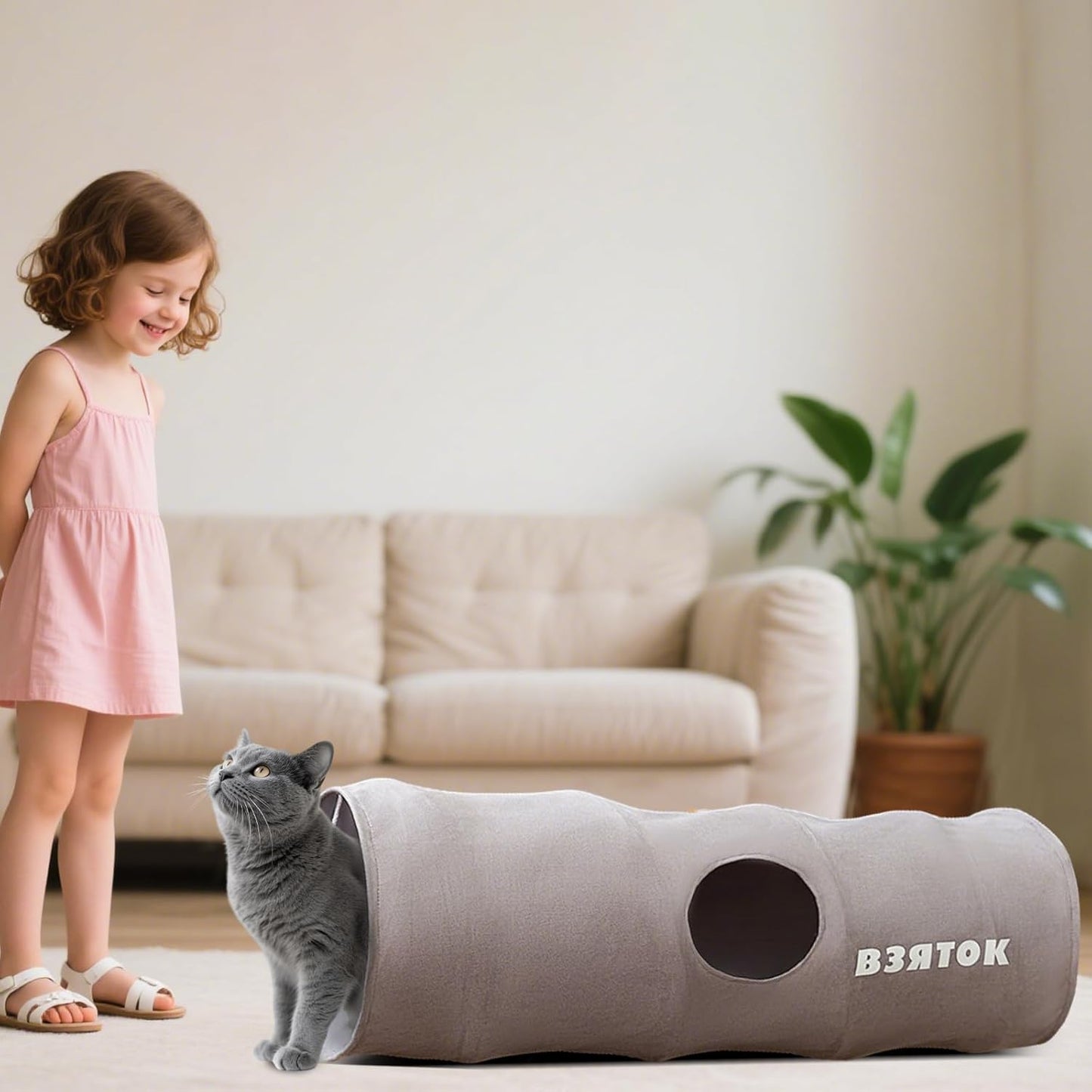 Cat Tunnels for Indoor Cats, Collapsible Pet Play Tube with Cat Toys and One Peek Hole, Pet Hideout Hideaway for Cats, Kittens, Bunny Rabbits, Ferrets, Puppy,Gray,L