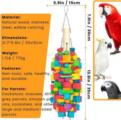 Extra Large Bird Toys - 21.6'' Heavy Duty Natural Parrot Toys for Chewing Foraging with SS Chain & Edible Colors for Medium to Large Parrots, Macaws, Cockatoos, African Grey, Cockatiel, Parakeet