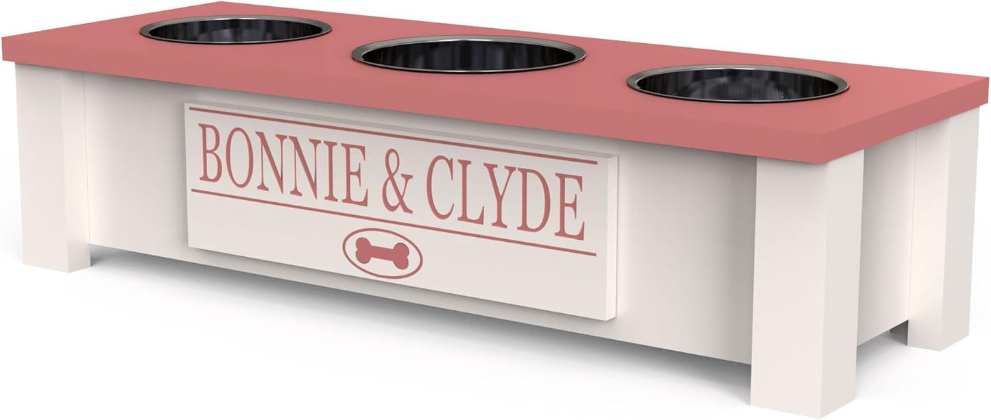GrooveThis Woodshop - Personalized Elevated Triple Dog Bowl Stand for Large, Medium, Small, X-Small Dogs - 3 Stainless Steel Food and Water Bowls - Raised Dog Dish with Internal Storage (Small, Pink)