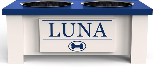 GrooveThis Woodshop - Personalized Elevated Dog Bowl Stand for Large, Medium, Small, X-Small Dogs - Stainless Steel Food and Water Bowls - Raised Dog Dish with Internal Storage (Small, Blue)