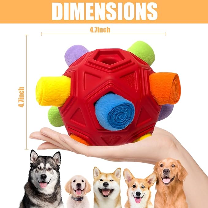 Dog Snuffle Ball-Interactive Puzzle Dog Toys Encourage Natural Foraging Skills Slow Feeder for Training and Stress Relief, Cloth Strip Hiding Food Chew Toys for Any Size Dogs, Machine Washable (Red)