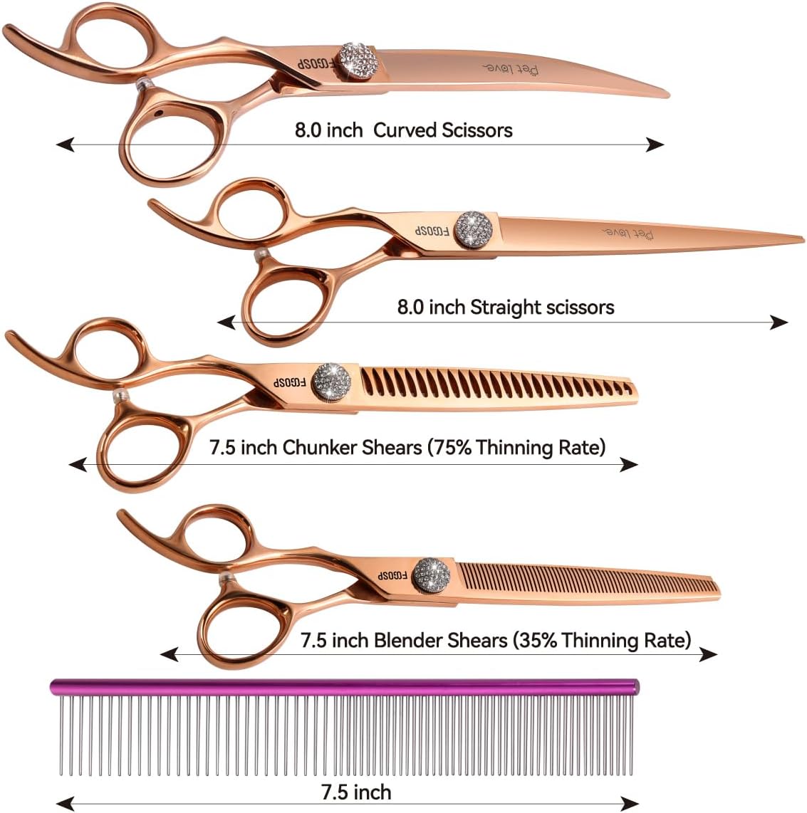 Left Handed Dog Grooming Scissors Set 4PCS Rose Gold Titanium Curved Thinning Straight Chunkers Shears Kit with White Artificial Diamonds Ergonomic Offset Handle Japan 440C